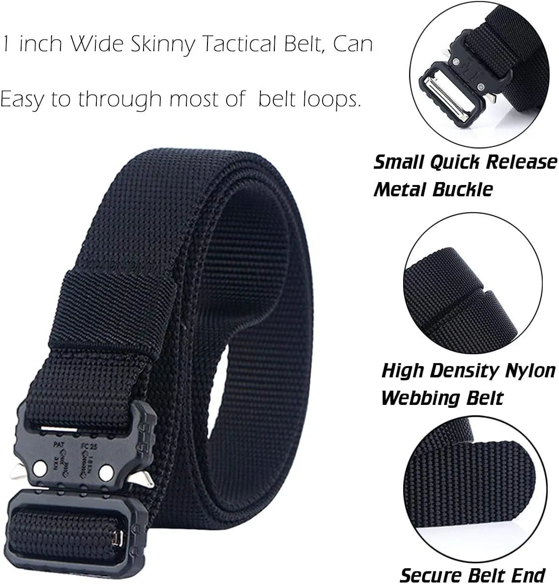 1 Inch Nylon Tactical Belt Quick Release Metal Buckle Heavy Duty Military Sports Skinny Webbing Work Belts for Men