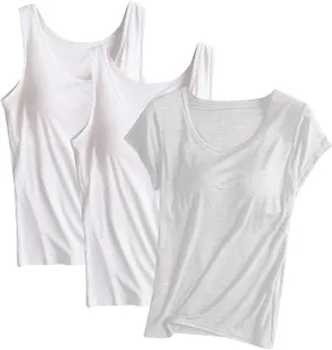 3PC T-Shirt with Built-in Bra Women Workout Tank Tops Sleeveless Padded Bras Soft Pajama Top Plus Size Modal Shirt