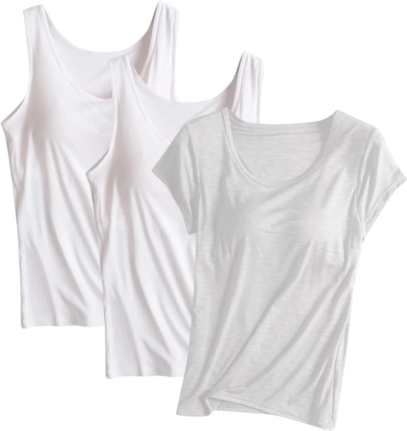 3PC T-Shirt with Built-in Bra Women Workout Tank Tops Sleeveless Padded Bras Soft Pajama Top Plus Size Modal Shirt