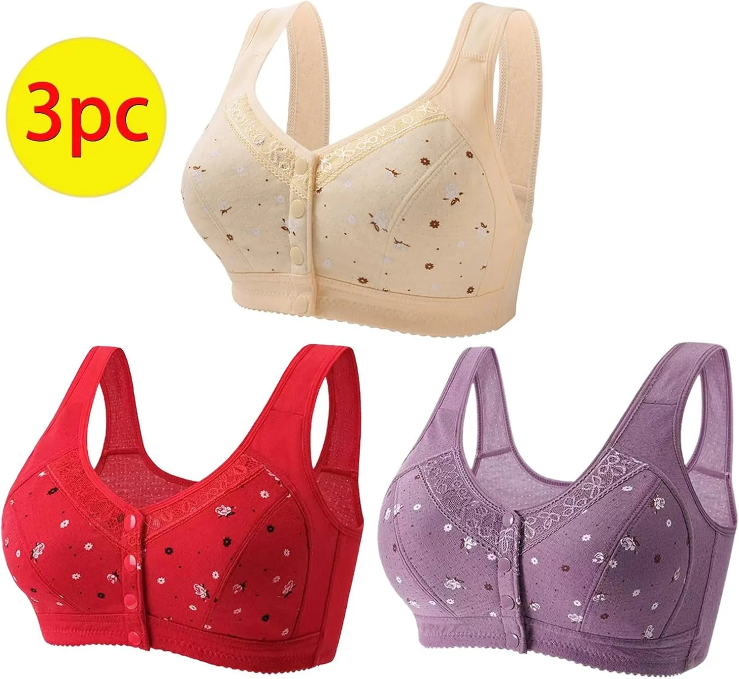 3Pcs Daisy Bras for Older Women No Underwire Front Side Buckle Lace Edge Bras Seamless Plus Size Breathable Bralettes