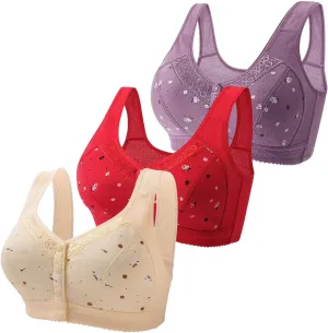 3Pcs Daisy Bras for Older Women No Underwire Front Side Buckle Lace Edge Bras Seamless Plus Size Breathable Bralettes