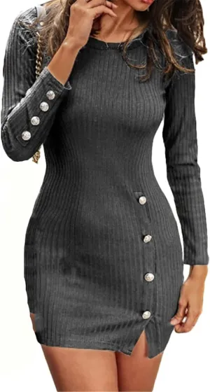 Andongnywell Women's Long Sleeve Sexy Bodycon Mini Dress Slit Dress with Buttons Detail Bodycon Dresses