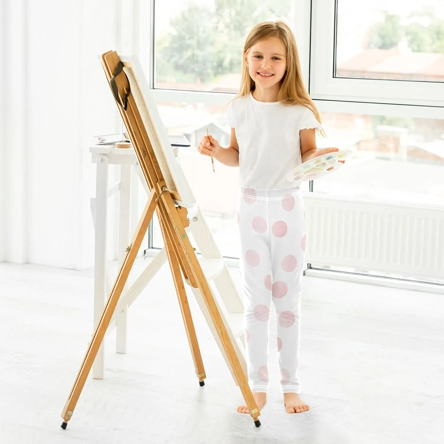 Aslsiy Light Pink Polka Dot Girls Leggings Toddler Stretch Tights Pants