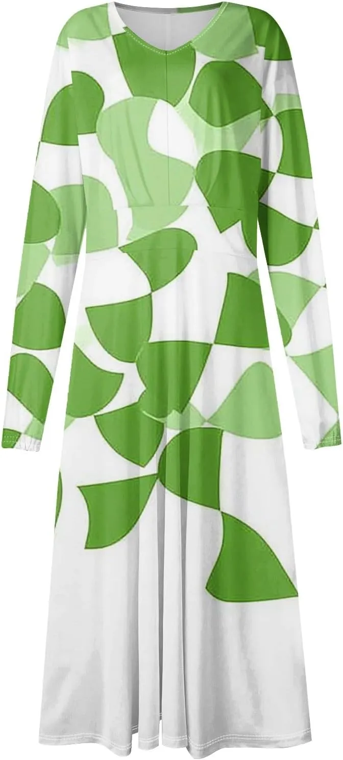 Azeralia Womens Casual Smocked Midi Dress Fall Long Sleeve V Neck Tighten Waist Dresses Printing A Line Long Flowy Dress