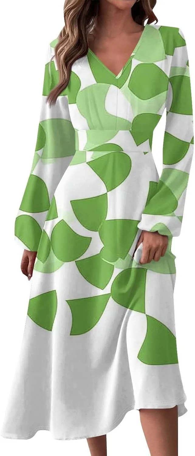 Azeralia Womens Casual Smocked Midi Dress Fall Long Sleeve V Neck Tighten Waist Dresses Printing A Line Long Flowy Dress