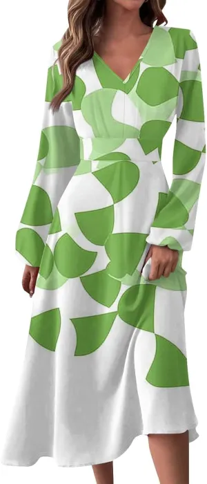 Azeralia Womens Casual Smocked Midi Dress Fall Long Sleeve V Neck Tighten Waist Dresses Printing A Line Long Flowy Dress