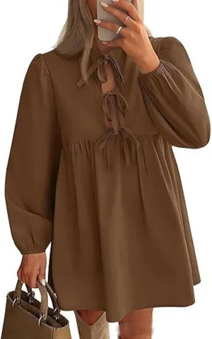 Babydoll Dress Women Crewneck Puff Long Sleeve Tie Front Dresses Waist Ruffle Tiered A Line Swing Tunic Mini Dress