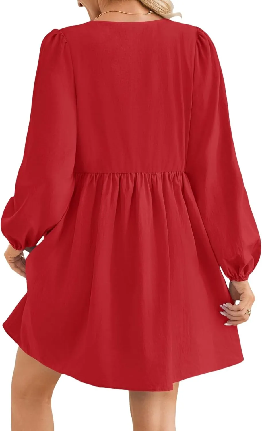 Babydoll Dress Women Crewneck Puff Long Sleeve Tie Front Dresses Waist Ruffle Tiered A Line Swing Tunic Mini Dress