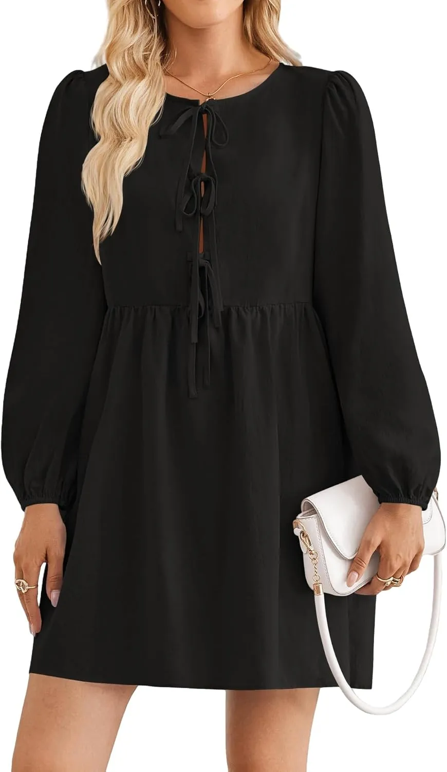 Babydoll Dress Women Crewneck Puff Long Sleeve Tie Front Dresses Waist Ruffle Tiered A Line Swing Tunic Mini Dress