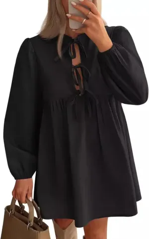 Babydoll Dress Women Crewneck Puff Long Sleeve Tie Front Dresses Waist Ruffle Tiered A Line Swing Tunic Mini Dress