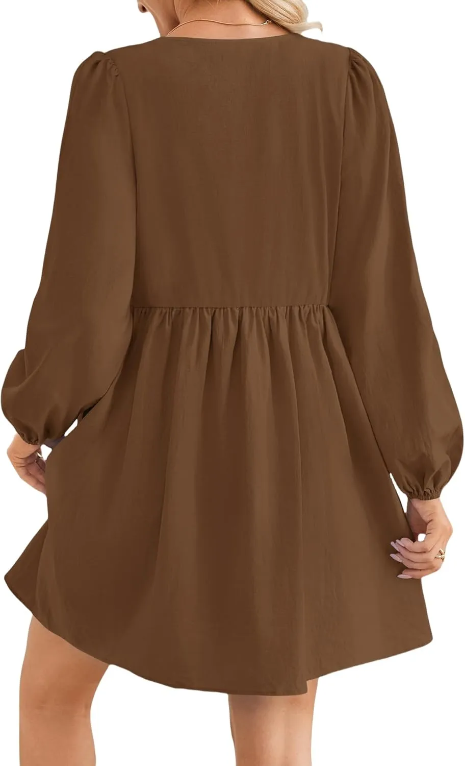 Babydoll Dress Women Crewneck Puff Long Sleeve Tie Front Dresses Waist Ruffle Tiered A Line Swing Tunic Mini Dress