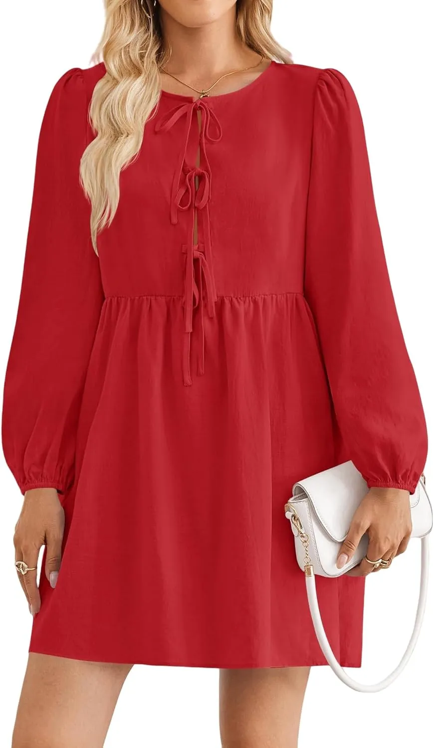Babydoll Dress Women Crewneck Puff Long Sleeve Tie Front Dresses Waist Ruffle Tiered A Line Swing Tunic Mini Dress