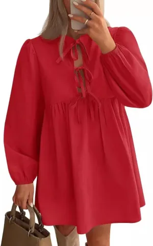 Babydoll Dress Women Crewneck Puff Long Sleeve Tie Front Dresses Waist Ruffle Tiered A Line Swing Tunic Mini Dress