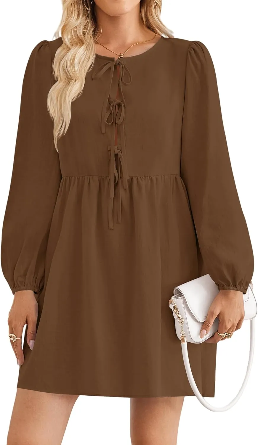 Babydoll Dress Women Crewneck Puff Long Sleeve Tie Front Dresses Waist Ruffle Tiered A Line Swing Tunic Mini Dress