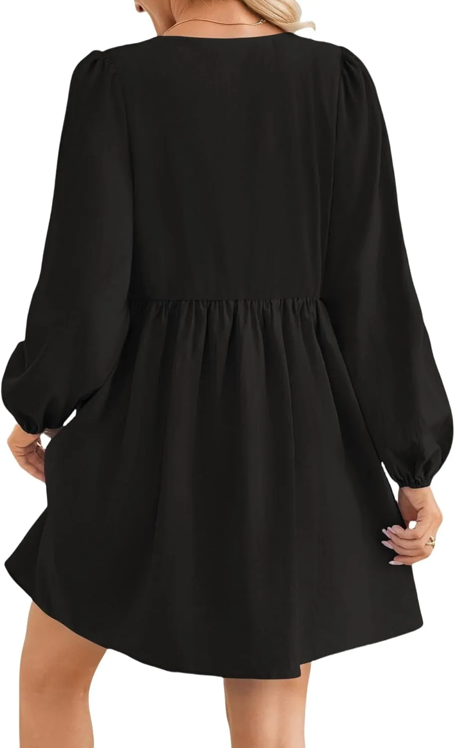 Babydoll Dress Women Crewneck Puff Long Sleeve Tie Front Dresses Waist Ruffle Tiered A Line Swing Tunic Mini Dress