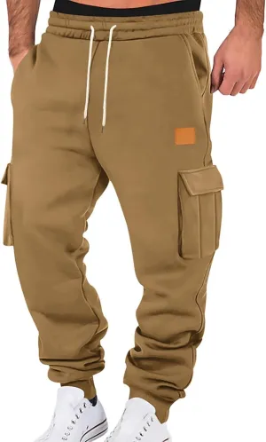 Baggy Cargo Sweatpants for Men Drawstring Waist Fleece Lined Joggers with Pockets Athletic Workout Pants Trousers