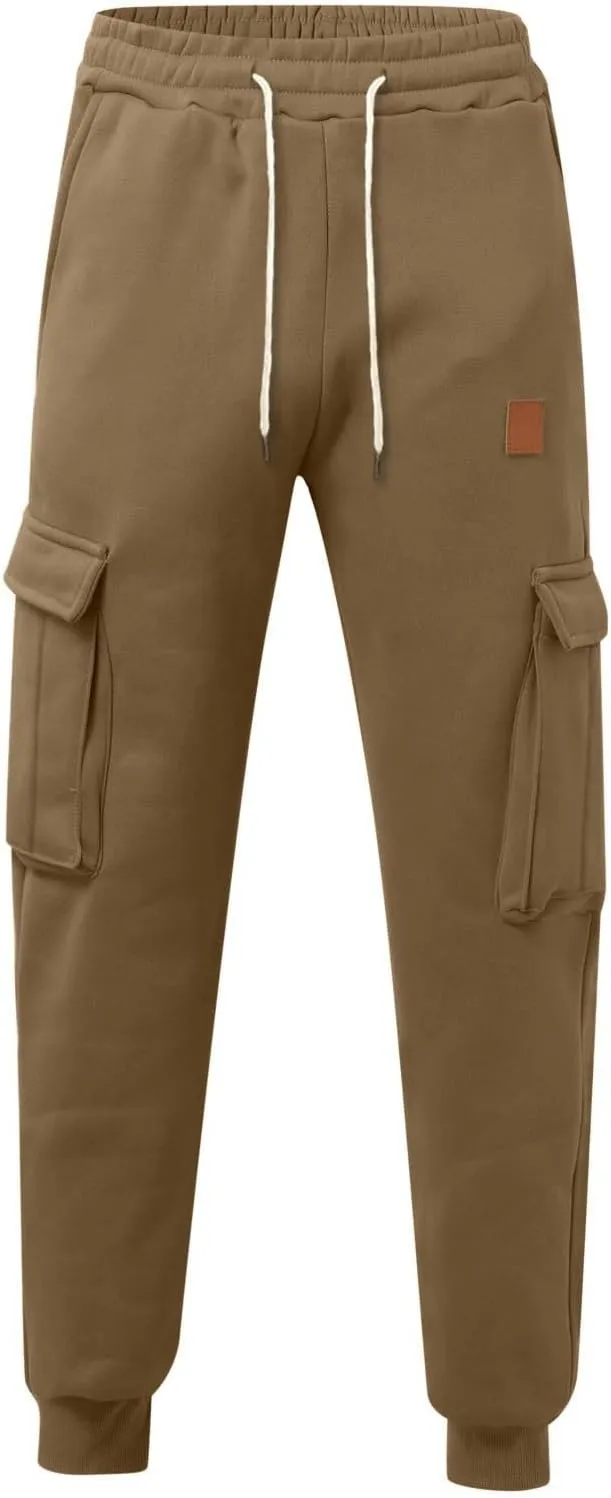 Baggy Cargo Sweatpants for Men Drawstring Waist Fleece Lined Joggers with Pockets Athletic Workout Pants Trousers