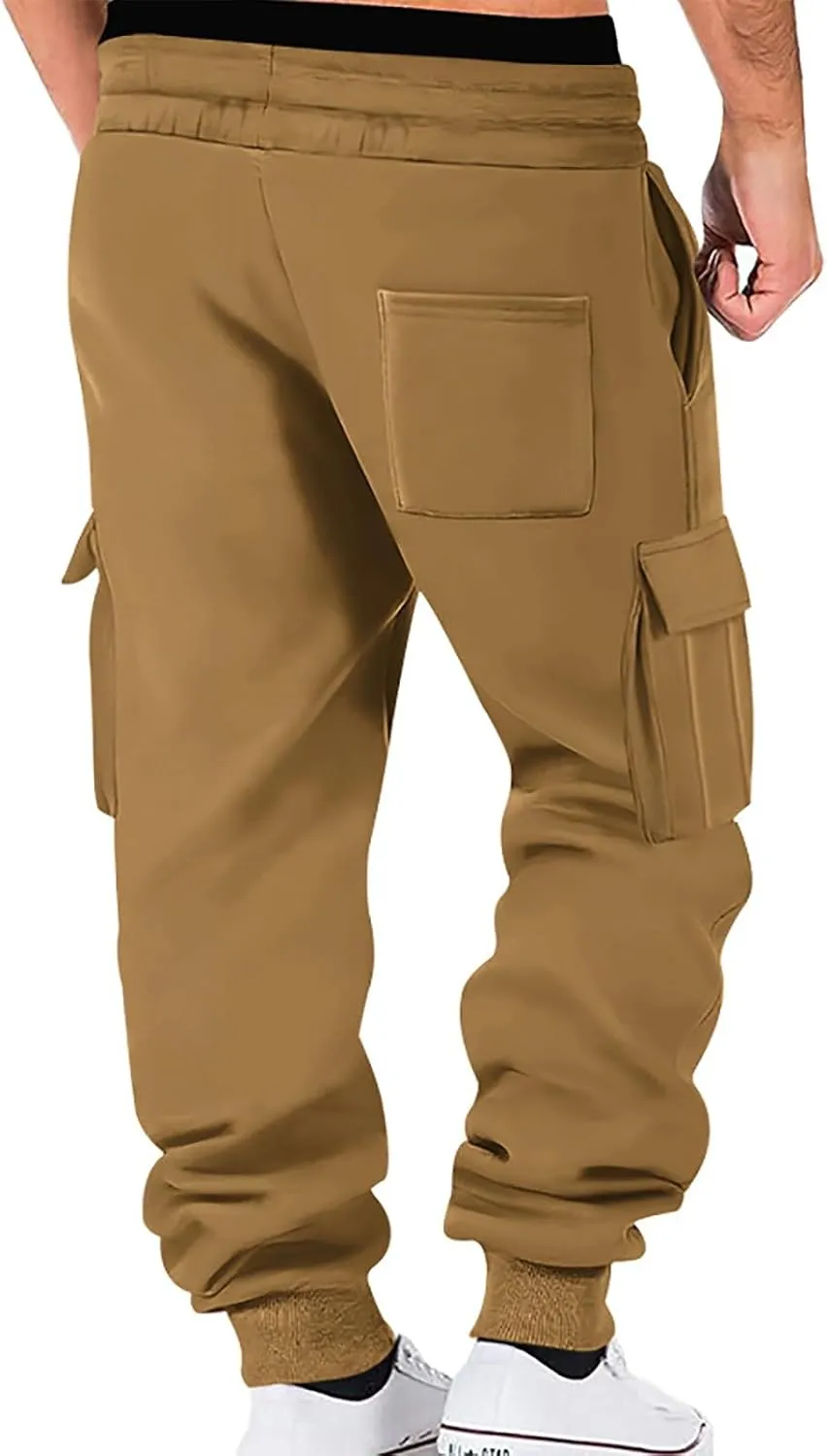 Baggy Cargo Sweatpants for Men Drawstring Waist Fleece Lined Joggers with Pockets Athletic Workout Pants Trousers