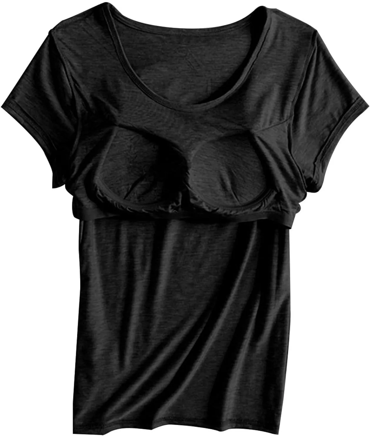 Basic Tees for Women Built in Bra Short Sleeve Crewneck Tops Workout Yoga T Shirts Summer Blouses 2025