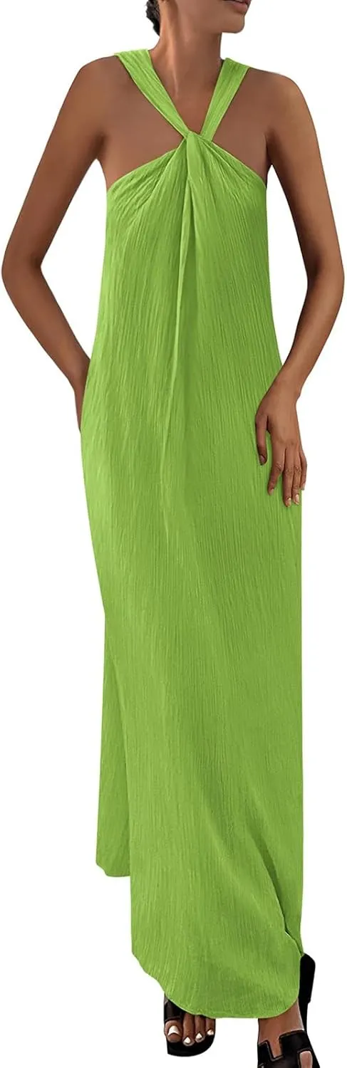 Beach Dress for Women Criss Cross Sleeveless Strappy Dress Casual Summe Flowy Maxi Dresses Loose Halterneck Dresses