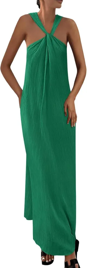 Beach Dress for Women Criss Cross Sleeveless Strappy Dress Casual Summe Flowy Maxi Dresses Loose Halterneck Dresses