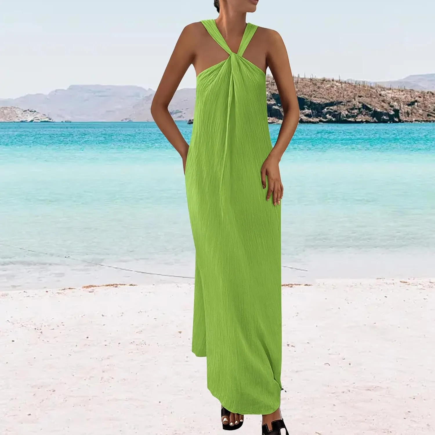 Beach Dress for Women Criss Cross Sleeveless Strappy Dress Casual Summe Flowy Maxi Dresses Loose Halterneck Dresses