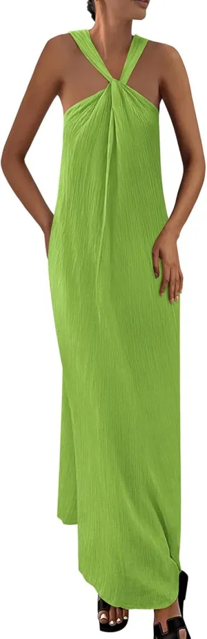 Beach Dress for Women Criss Cross Sleeveless Strappy Dress Casual Summe Flowy Maxi Dresses Loose Halterneck Dresses