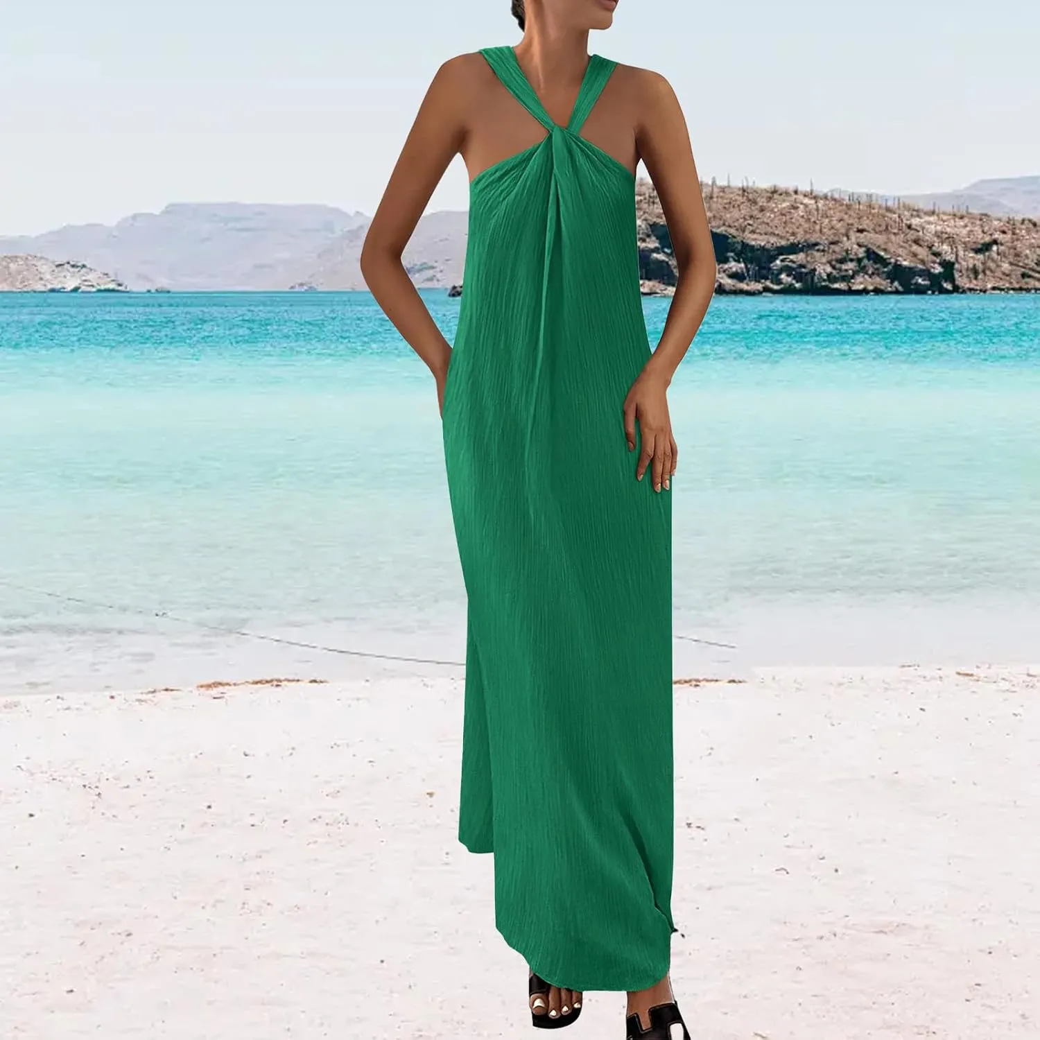 Beach Dress for Women Criss Cross Sleeveless Strappy Dress Casual Summe Flowy Maxi Dresses Loose Halterneck Dresses
