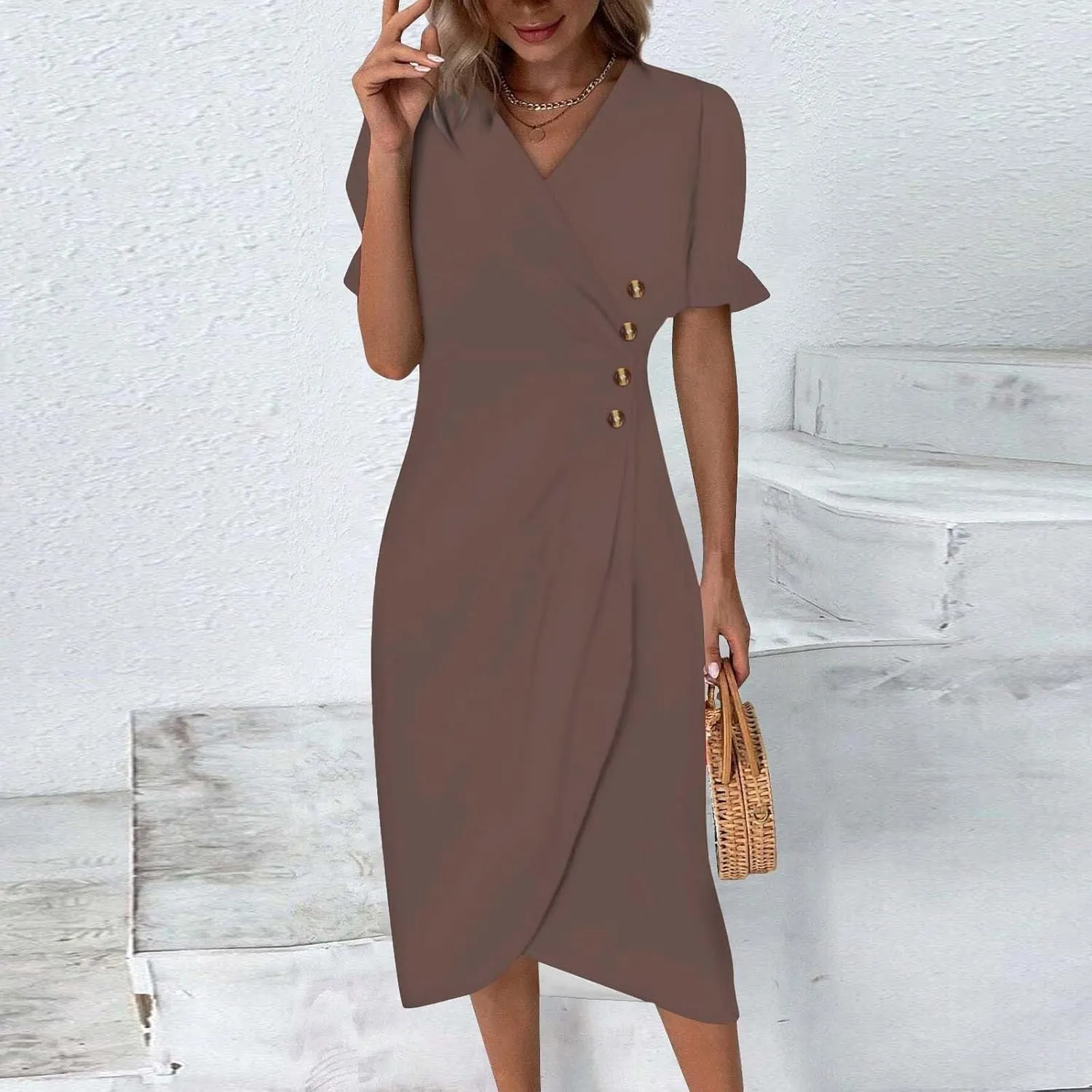 Beach Dresses for Women 2025 Spring Trendy Floral Boho Elegant V Neck Short Sleeve Irregular Hem Midi Dress
