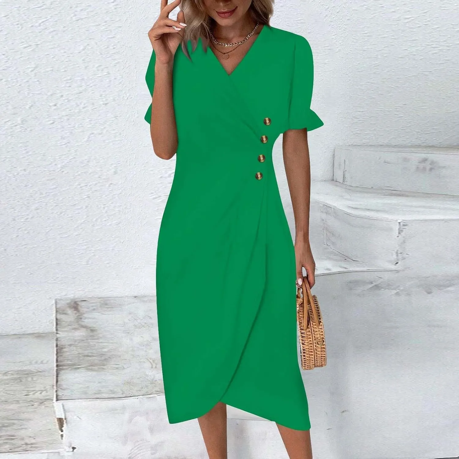 Beach Dresses for Women 2025 Spring Trendy Floral Boho Elegant V Neck Short Sleeve Irregular Hem Midi Dress