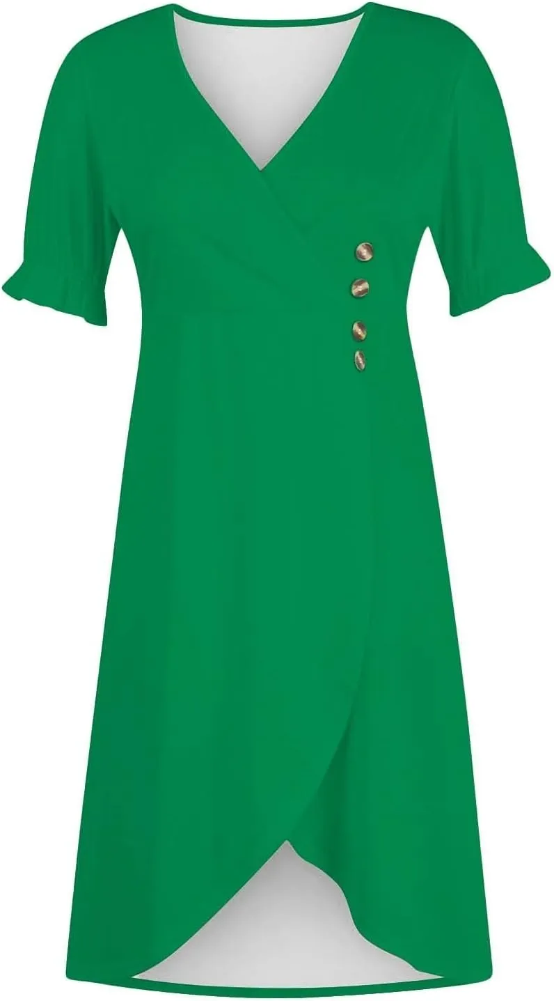 Beach Dresses for Women 2025 Spring Trendy Floral Boho Elegant V Neck Short Sleeve Irregular Hem Midi Dress