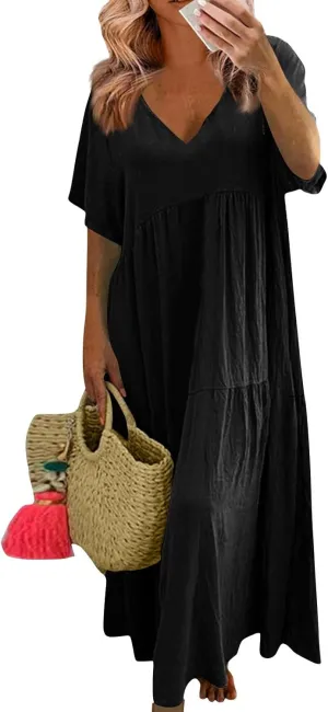 Beach Maxi Dress Cotton Linen Plus Size V Neck Boho Flowy Loose Length Long Dress Dresses for Women Wedding Guest