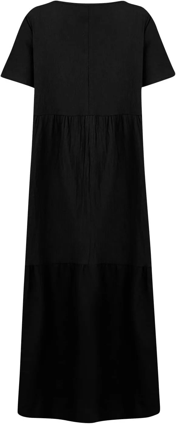 Beach Maxi Dress Cotton Linen Plus Size V Neck Boho Flowy Loose Length Long Dress Dresses for Women Wedding Guest