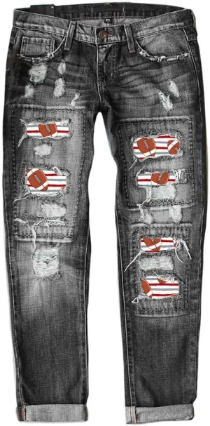 Bengbobar Ripped Jeans for Womens Distressed Plaid Denim Patchwork Boyfriend Skinny Straight Leg Pants High Waisted Jeans