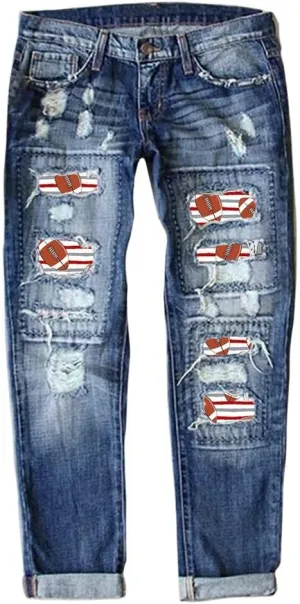 Bengbobar Ripped Jeans for Womens Distressed Plaid Denim Patchwork Boyfriend Skinny Straight Leg Pants High Waisted Jeans