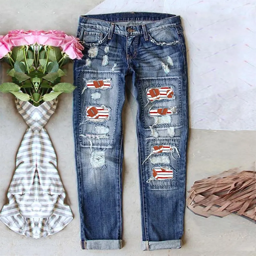 Bengbobar Ripped Jeans for Womens Distressed Plaid Denim Patchwork Boyfriend Skinny Straight Leg Pants High Waisted Jeans
