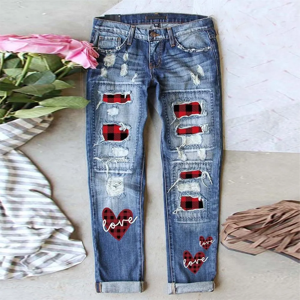 Bengbobar Ripped Jeans for Womens Distressed Plaid Denim Patchwork Boyfriend Skinny Straight Leg Pants High Waisted Jeans