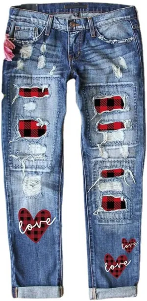 Bengbobar Ripped Jeans for Womens Distressed Plaid Denim Patchwork Boyfriend Skinny Straight Leg Pants High Waisted Jeans