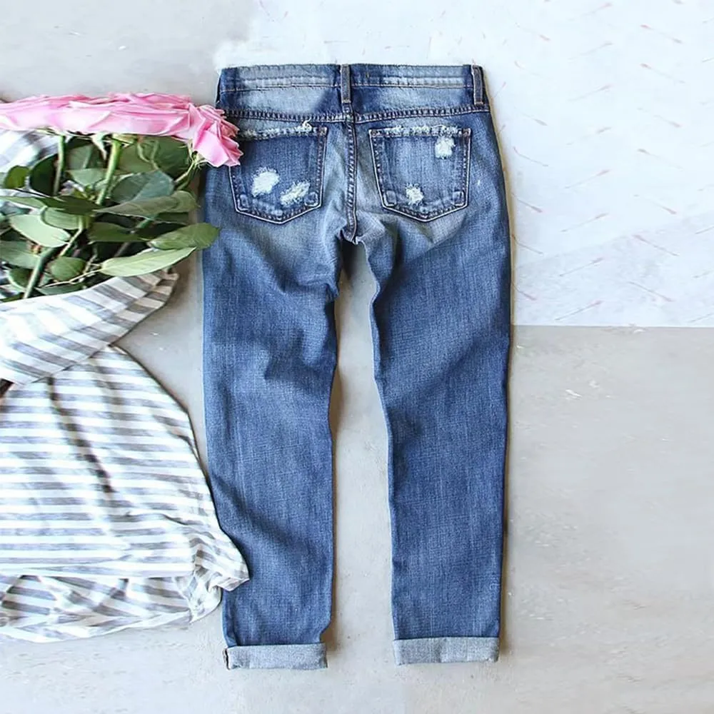Bengbobar Ripped Jeans for Womens Distressed Plaid Denim Patchwork Boyfriend Skinny Straight Leg Pants High Waisted Jeans