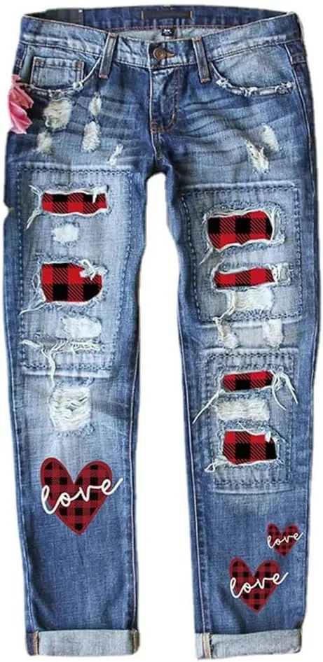 Bengbobar Ripped Jeans for Womens Distressed Plaid Denim Patchwork Boyfriend Skinny Straight Leg Pants High Waisted Jeans