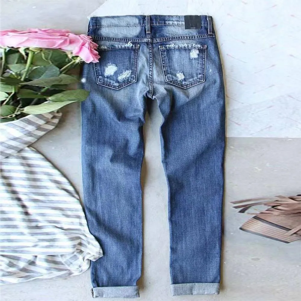 Bengbobar Ripped Jeans for Womens Distressed Plaid Denim Patchwork Boyfriend Skinny Straight Leg Pants High Waisted Jeans