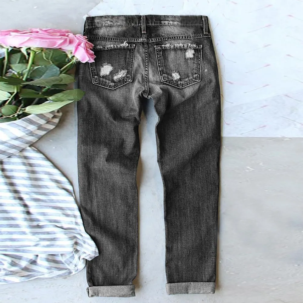 Bengbobar Ripped Jeans for Womens Distressed Plaid Denim Patchwork Boyfriend Skinny Straight Leg Pants High Waisted Jeans