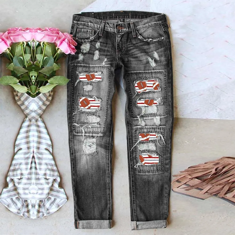 Bengbobar Ripped Jeans for Womens Distressed Plaid Denim Patchwork Boyfriend Skinny Straight Leg Pants High Waisted Jeans