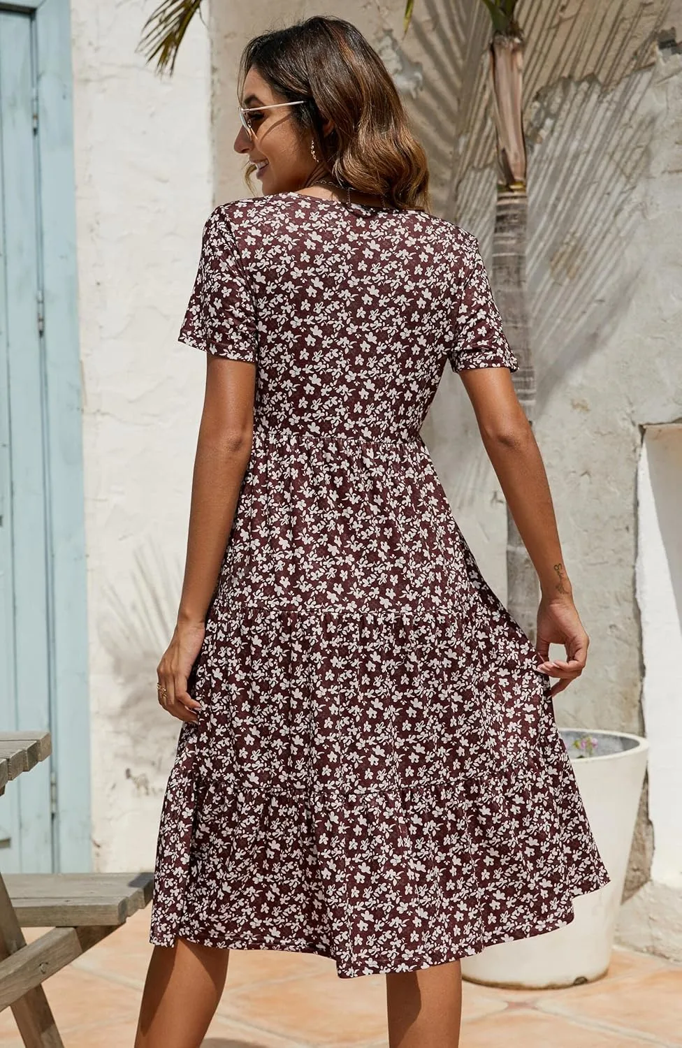 Berydress Women's Casual Summer Tiered Midi Dress 2025 Short Sleeve V-Neck Loose Cotton Ruffle Babydoll Dress Boho Sundress