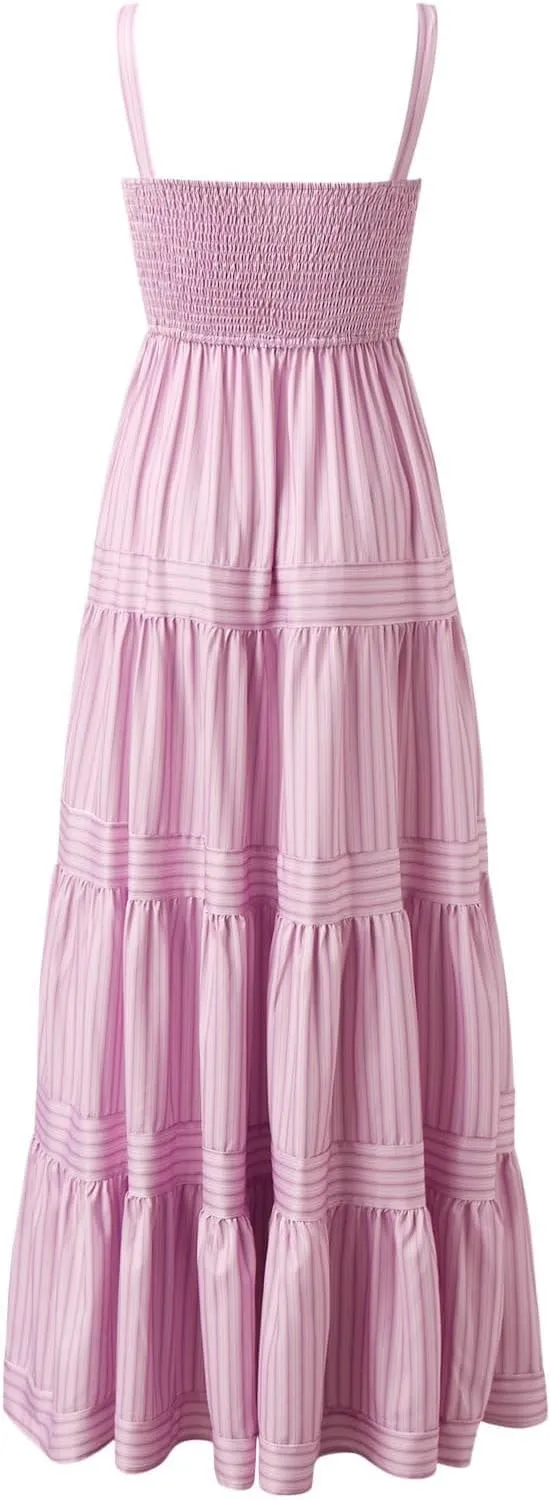 Boho Dresses for Women 2025 Summer Sleeveless Maxi Halter Elegant Swing Dress Casual Fashion Ruffle Waist Sundress