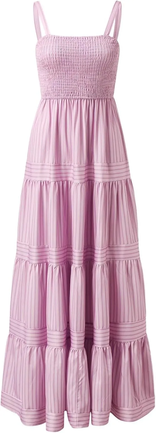 Boho Dresses for Women 2025 Summer Sleeveless Maxi Halter Elegant Swing Dress Casual Fashion Ruffle Waist Sundress