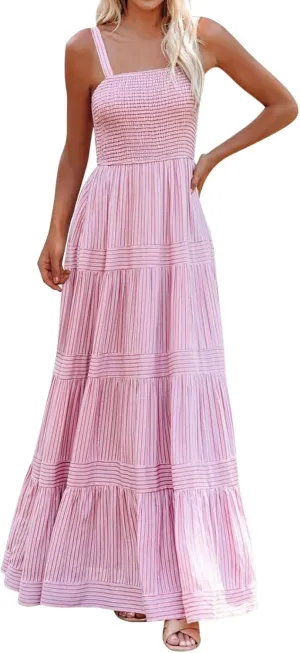 Boho Dresses for Women 2025 Summer Sleeveless Maxi Halter Elegant Swing Dress Casual Fashion Ruffle Waist Sundress