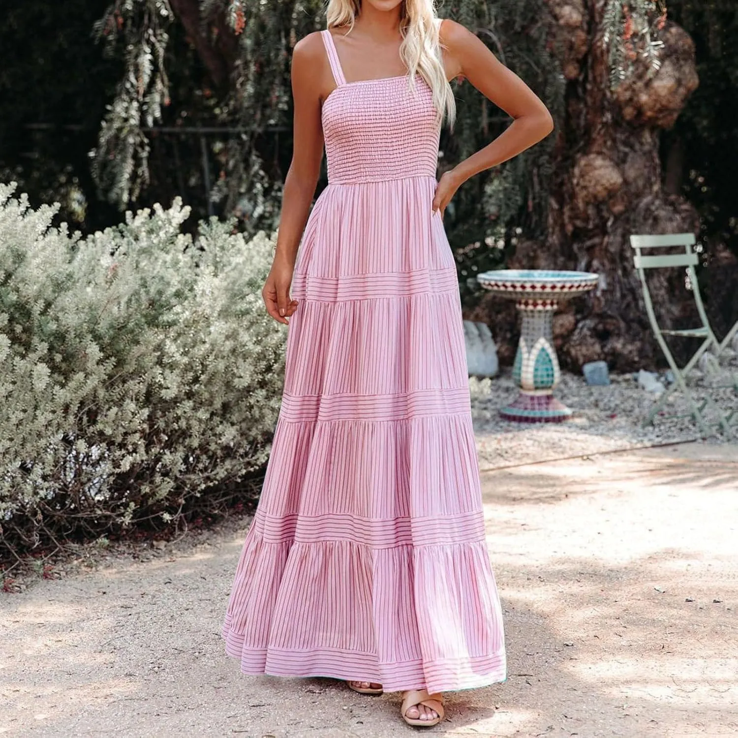 Boho Dresses for Women 2025 Summer Sleeveless Maxi Halter Elegant Swing Dress Casual Fashion Ruffle Waist Sundress