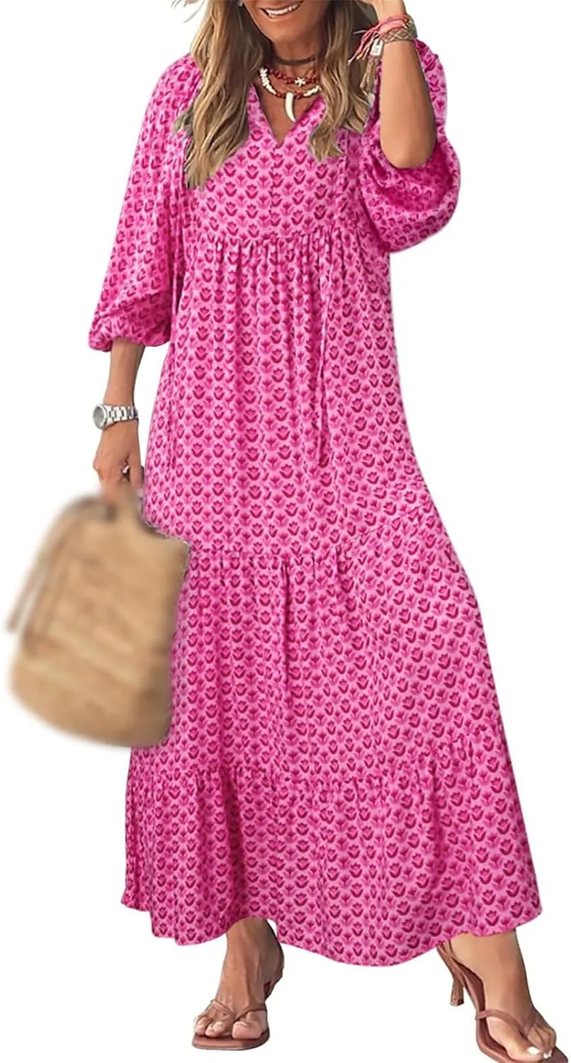 Boho Dresses for Women 2025 V Neck Maxi Dresses Puff 3/4 Sleeve Floral Dress Smocked Ruffle Flowy Casual Dress