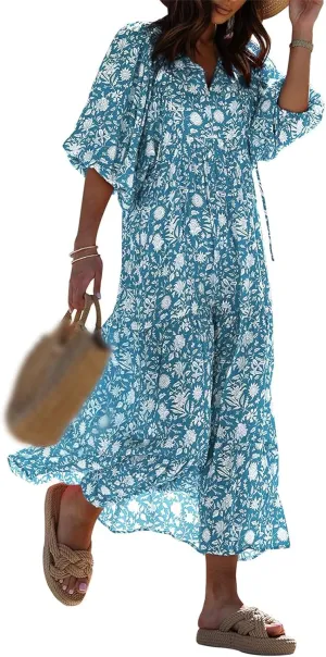 Boho Dresses for Women 2025 V Neck Maxi Dresses Puff 3/4 Sleeve Floral Dress Smocked Ruffle Flowy Casual Dress